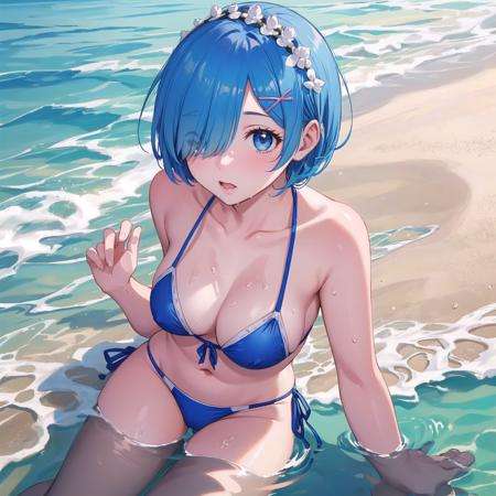 masterpiece, best quality, ultra-detailed, sharp, epic lighting, cinematic composition, portrait, <lora:Rem_ReZero_v1_1:0.6> 1girl, solo, rem_\(re_zero\), petite, light blue hair, short hair, medium breasts, (hair over one eye:1.3), blue eyes, (blue bikini:1.2), lying, (on stomach:1.1), ass, from above, outdoors, beach, water, sand, wet, (8k:1.1)