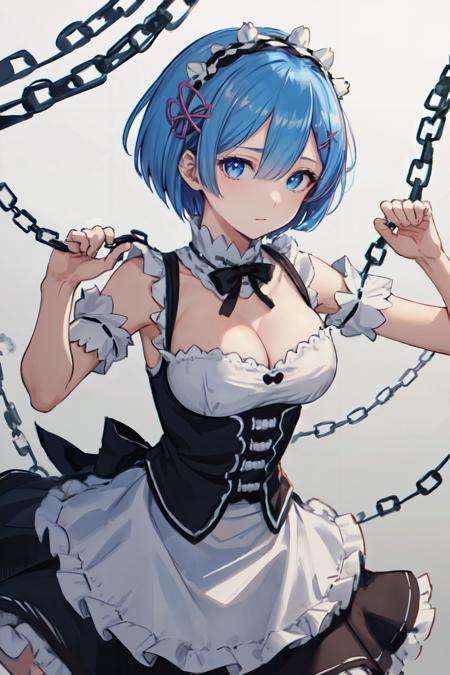 (masterpiece, best quality;1.3), ultra detailed, Looking at viewer, swinging an iron ball around on a chain, FIGHTING STANCE,rem_re_zero, blue hair, short hair, maid uniform, hair ornament, cleavage, maid headdress, detached sleeves, ribbon <lora:heartstar:1>heart-shaped pupils,