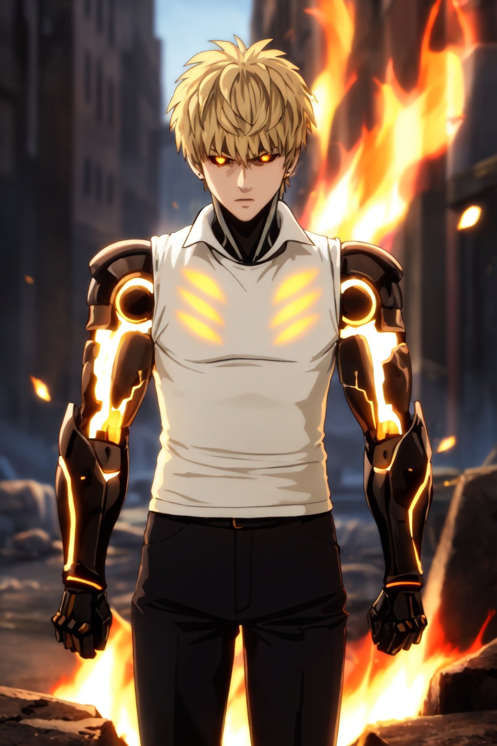 (masterpiece, best quality:1.4), colorful, high contrast, genos <lora:ironcatlora6Genos_v10:0.7>, white shirt, sleeveless, black pants, mechanical arms, glowing, glowing eyes, standing, fighting stance, fire, ruins