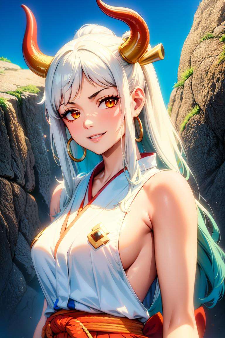 masterpiece, ((ultra detailed background, delicate pattern, intricate detail)), (highly detailed, fine details), best quality,beautiful lighting, (((medium breasts, slim girl, very slim girl))), (close-up, portrait),  YamatoV2, long hair, 1girl, horns, white hair, solo, oni, red horns, curled horns, hair ornament, (multicolored horns), jewelry, earrings, japanese clothes, kimono, hair stick, sleeveless, bare shoulders, aqua hair, sidelocks, hoop earrings, hakama, smile, wide smile, ((orange eyes)), complex detailed background, outside, nature environment, rocks, sunny, blue sky, sky, <lora:YamatoV2Nine:0.75>