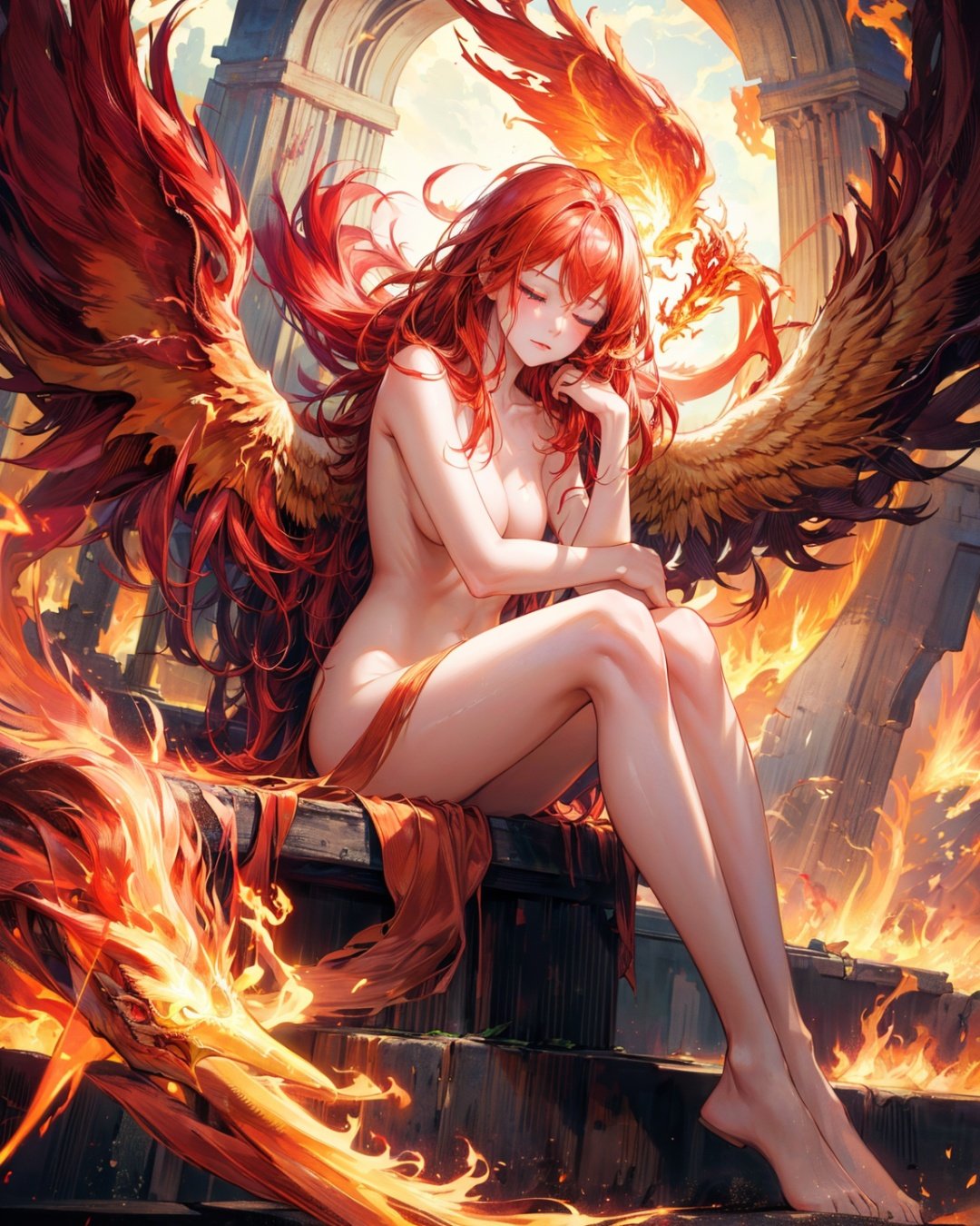 (masterpiece), (realistic), (best quality), (ultra-detailed), (illustration), amazing, ((naked girl with phoenix wings, fiery wings, red hair, eyes closed, calm face, sitting on her knees)))), cinematic light, unusual angle and pose,))