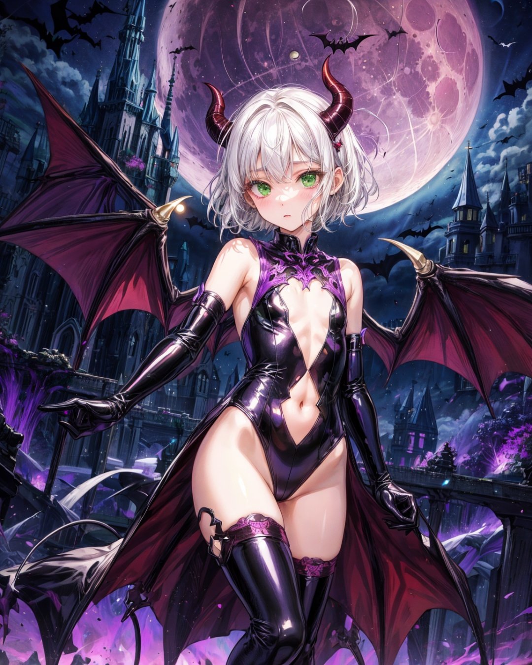 kozue, white hair green eyes, impossible, open leotard, latex, elbow gloves, navel, thighhighs, flat chest, demon wings, demon horns, , castle, bat, purple moon, purple theme, expressionless