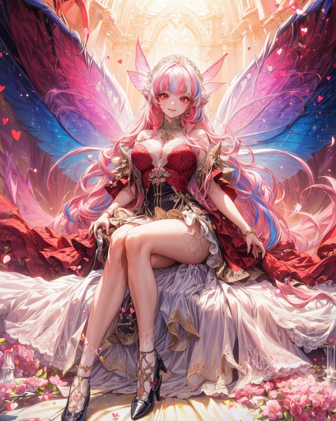 (masterpiece), (realistic), (best quality), (ultra-detailed),  amazing, ((fairy of love, red eyes, lace wings, intricate fairy-tale outfit , shoes with hearts, very long white hair with pink strands, multicolored hair, dreamy smile)))), cinematic light, unusual angle and pose,)),