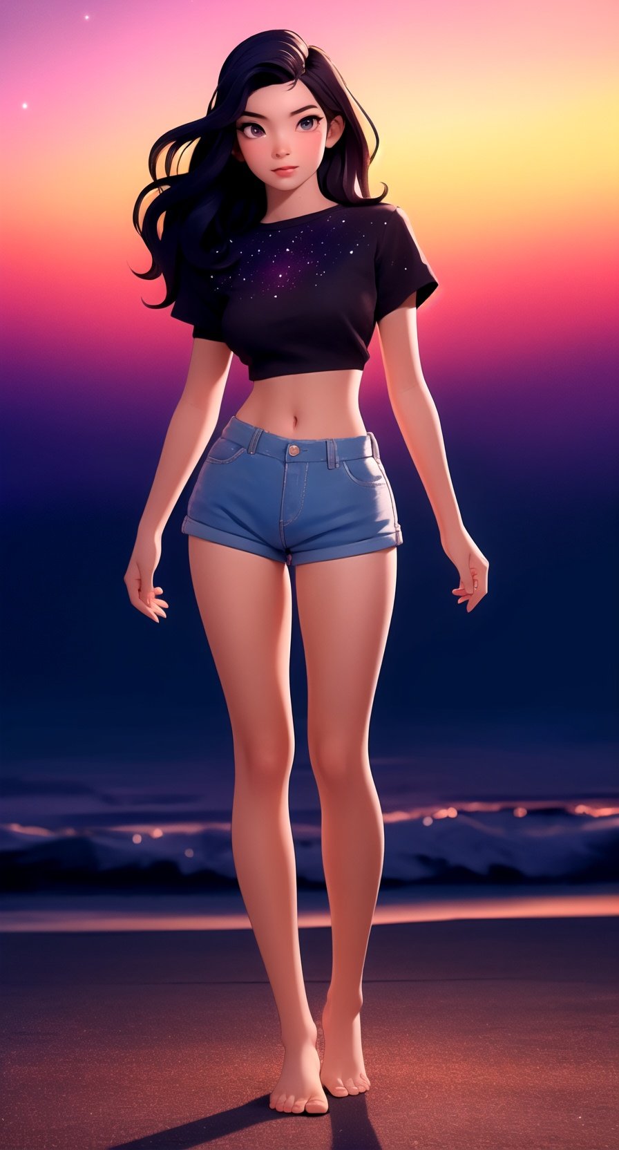 (hyperealistic detailed face:1.2), (looking at viewer:1.2), (frontal view), centered, standing, solo, (full body), award winning frontal photography, masterpiece, (beautiful detailed eyes:1.2), | woman, dark blue hair, dark brown eyes, long wavy hairstyle, (medium top), midriff peak, navel, lowleg short shorts, bare legs, barefoot, | sunset, bokeh, depth of field, | urban, street, City, | starry sky, vaporwave color scheme, (saturated colors:1.2), ,3DMM,so-hyun.lvl2