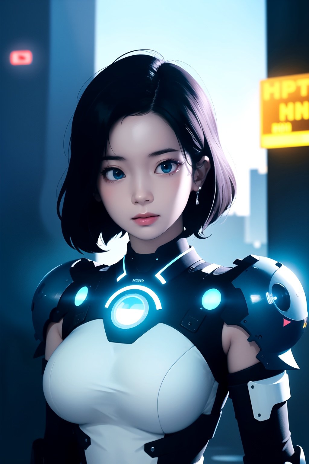 centered, masterpiece, award winning upper body portrait, | solo, futuristic neon armor, pauldrons, | hyperealistic shadows, bokeh, depth of, blurred background, | vaporwave colors scheme, | futuristic city, neon lights, urban, city scenery, | 