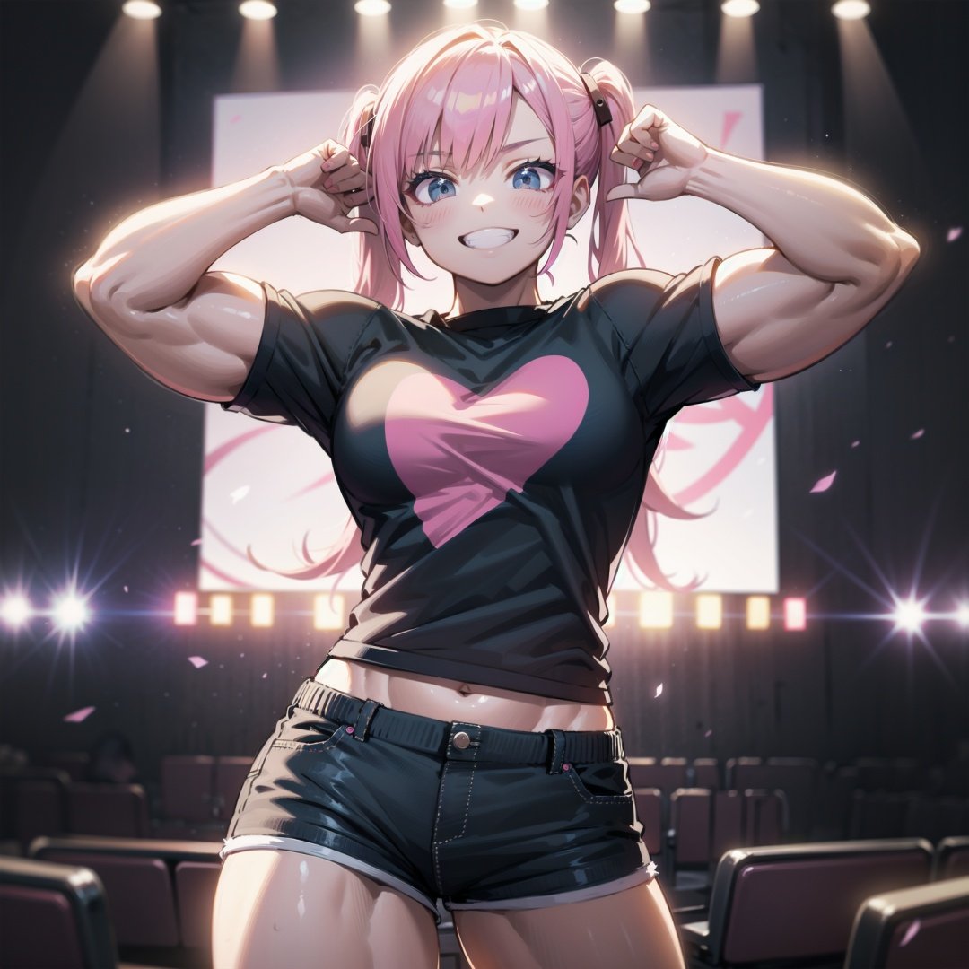 woman, pink hair, twintail, (muscular:1.5), grin, t shirt, shorts, standing, arms up, audience