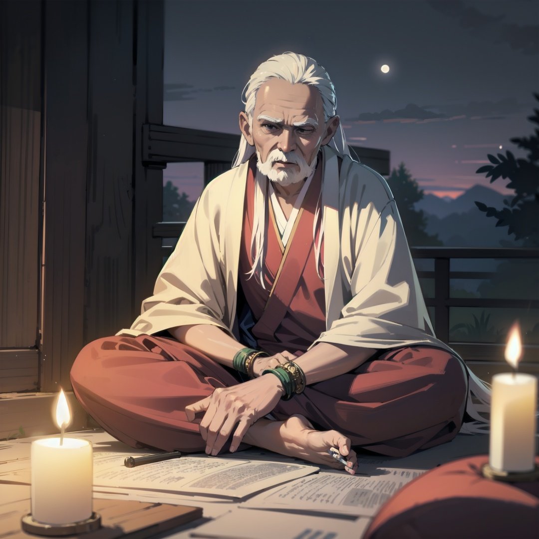 old man, long hair, wise man, sttigin, indian style, sleeping, robe, holding magic wand, dusk, outdoors