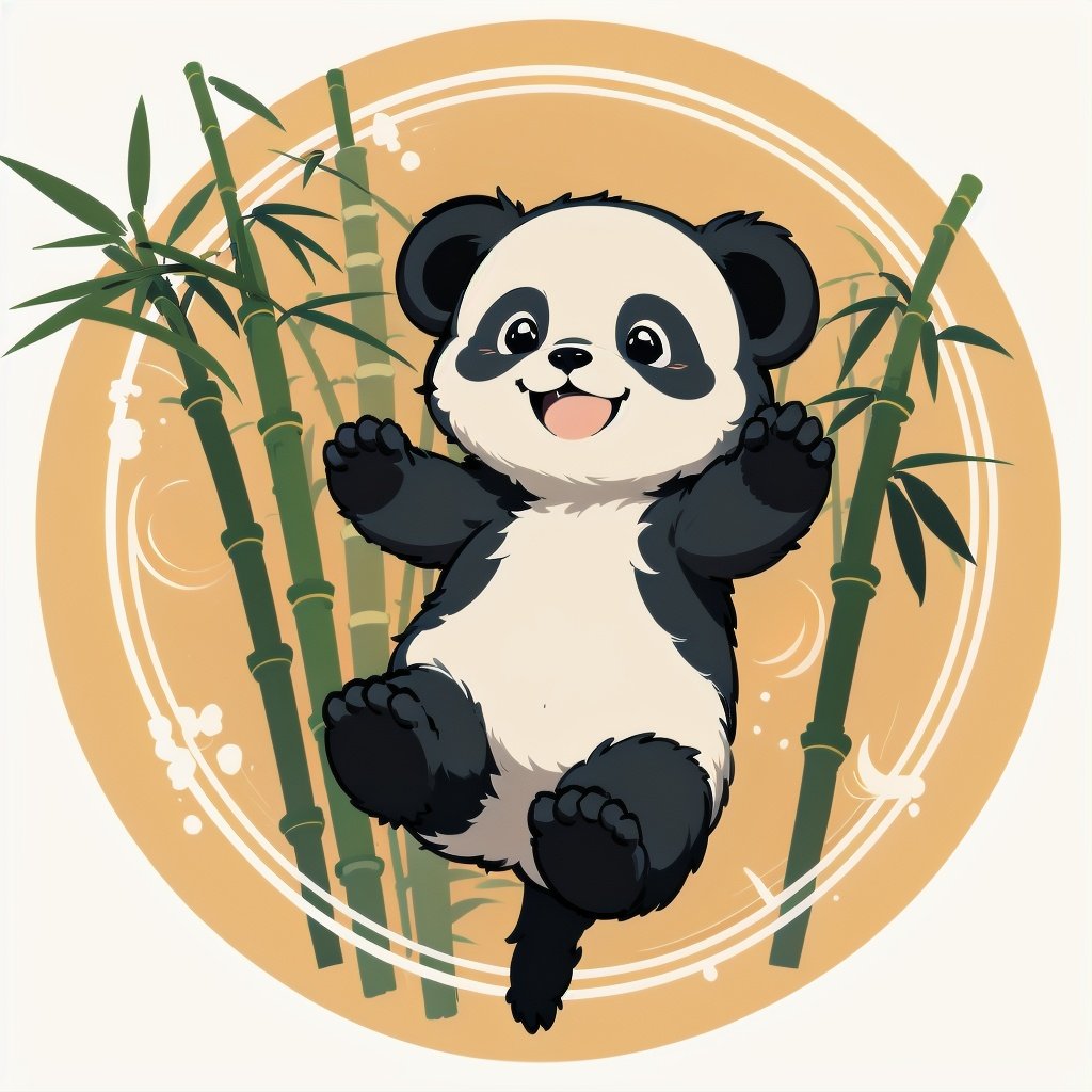 little cute panda, smile, happy, jumping, (bamboo:1.2), vector art, circle