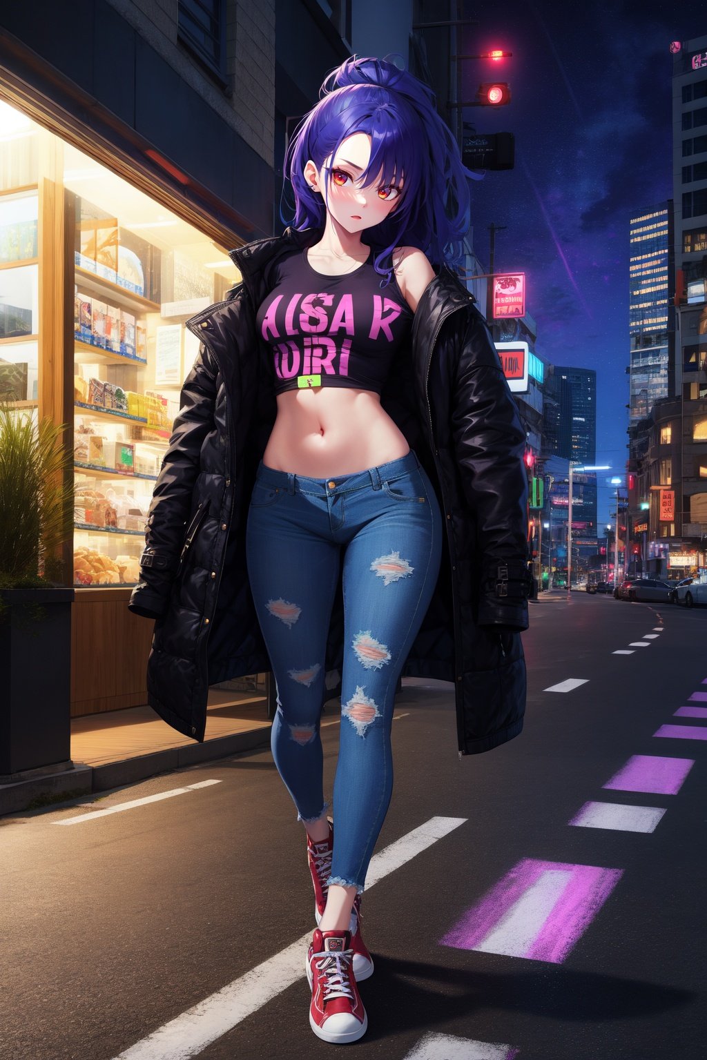 absurdres, highres, best quality, blacklight, 1girl, outdoors, city, night, jacket, t-shirt, denim pants, red sneakers, navel, 