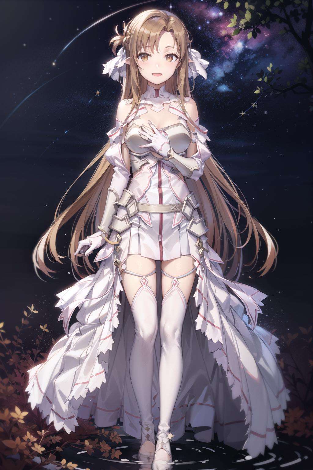 stacia, 1girl, solo, long hair, breasts, looking at viewer, smile, open mouth, bangs ,detailed eyes, beautiful background, (night sky, stars), (hands on the chest),  brown hair, thighhighs, brown eyes, very long hair, standing, full body, elf, <lora:asuna_(stacia)-000007:0.66>,  <lora:CostumeElfOutfitElfBikini_v2White:0.7>