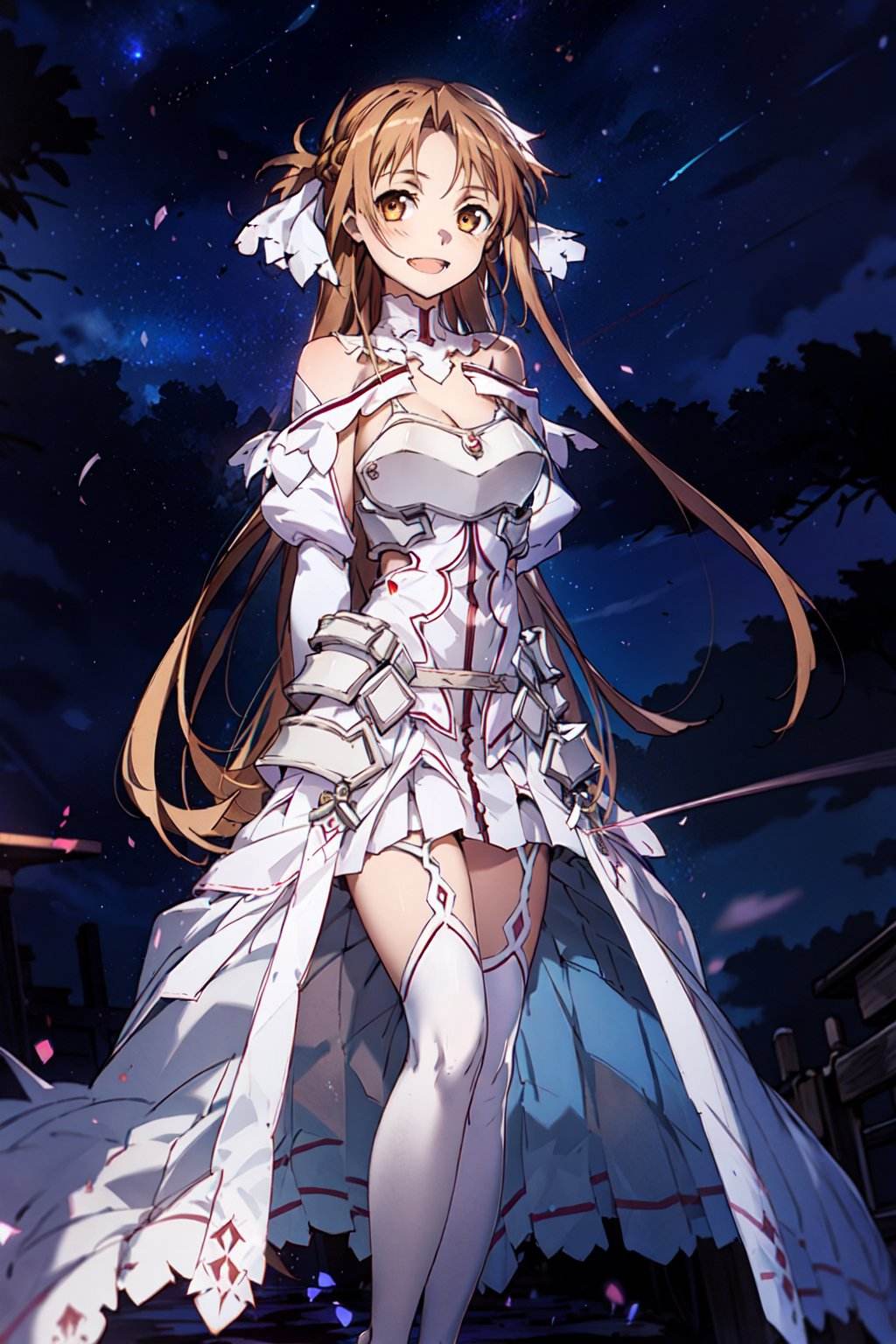 stacia, 1girl, solo, long hair, large breasts, looking at viewer, smile, open mouth, bangs ,detailed eyes, beautiful background, (night sky, stars), brown hair, thighhighs, gloves, dress, cleavage, bare shoulders, brown eyes, very long hair, standing, full body, white gloves, white dress, armor, white thighhighs, garter straps, fantasy, white armor, arms behind back, <lora:asuna_(stacia):0.7>