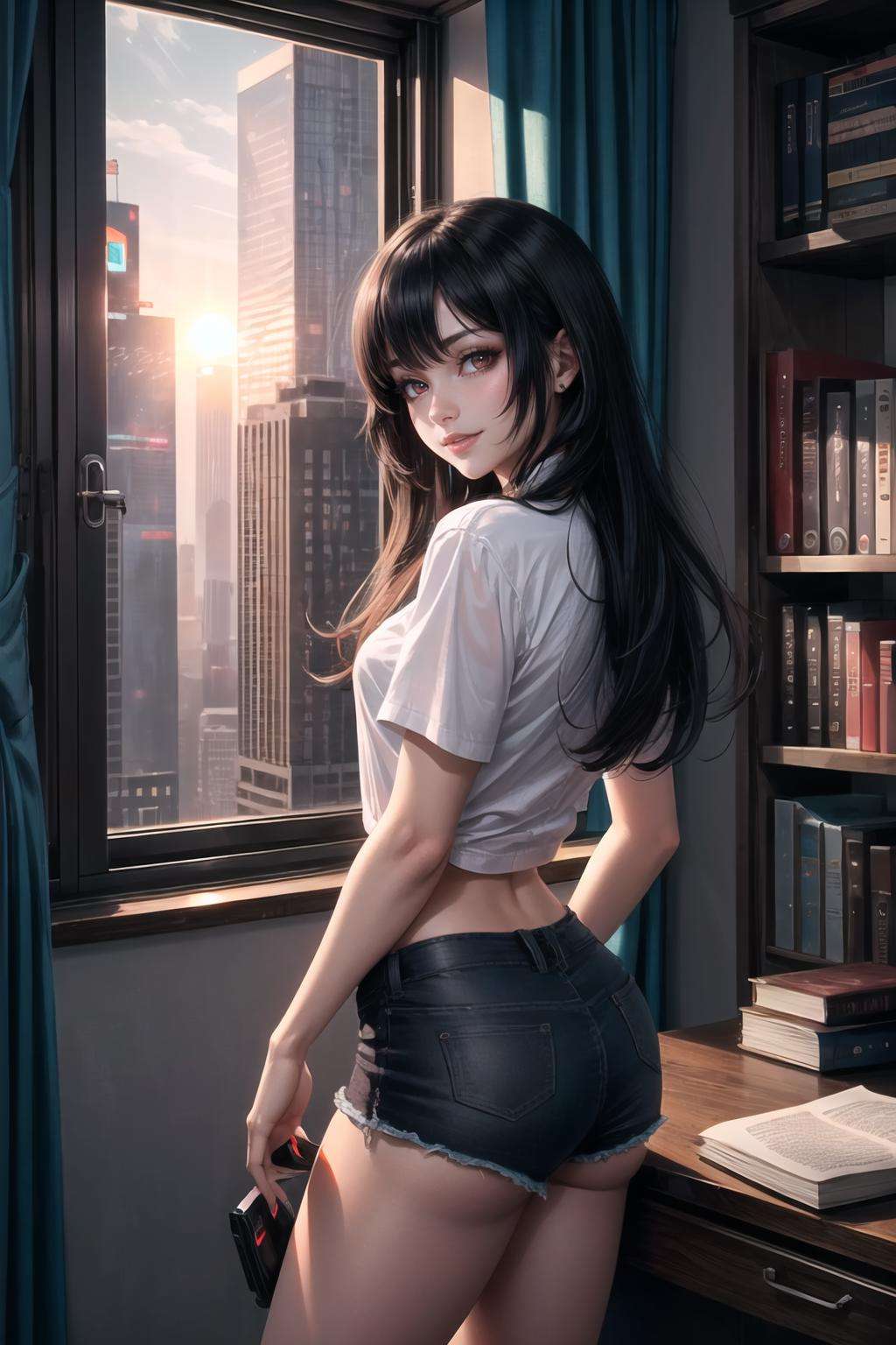 Highly detailed, High Quality, Masterpiece, beautiful, 1girl, solo, seductive smile, <lora:Other_MoreDetails:0.5>, cozy room, view of city, (cyberpunk:1.2), neon lights, book shelf, windows, sunset, (skyscrapers:1.2), skyline, mega city, loft, modern, hands behind back, black hair, long hair, red eyes, shirt, white shirt, shorts, short shorts, black shorts, 