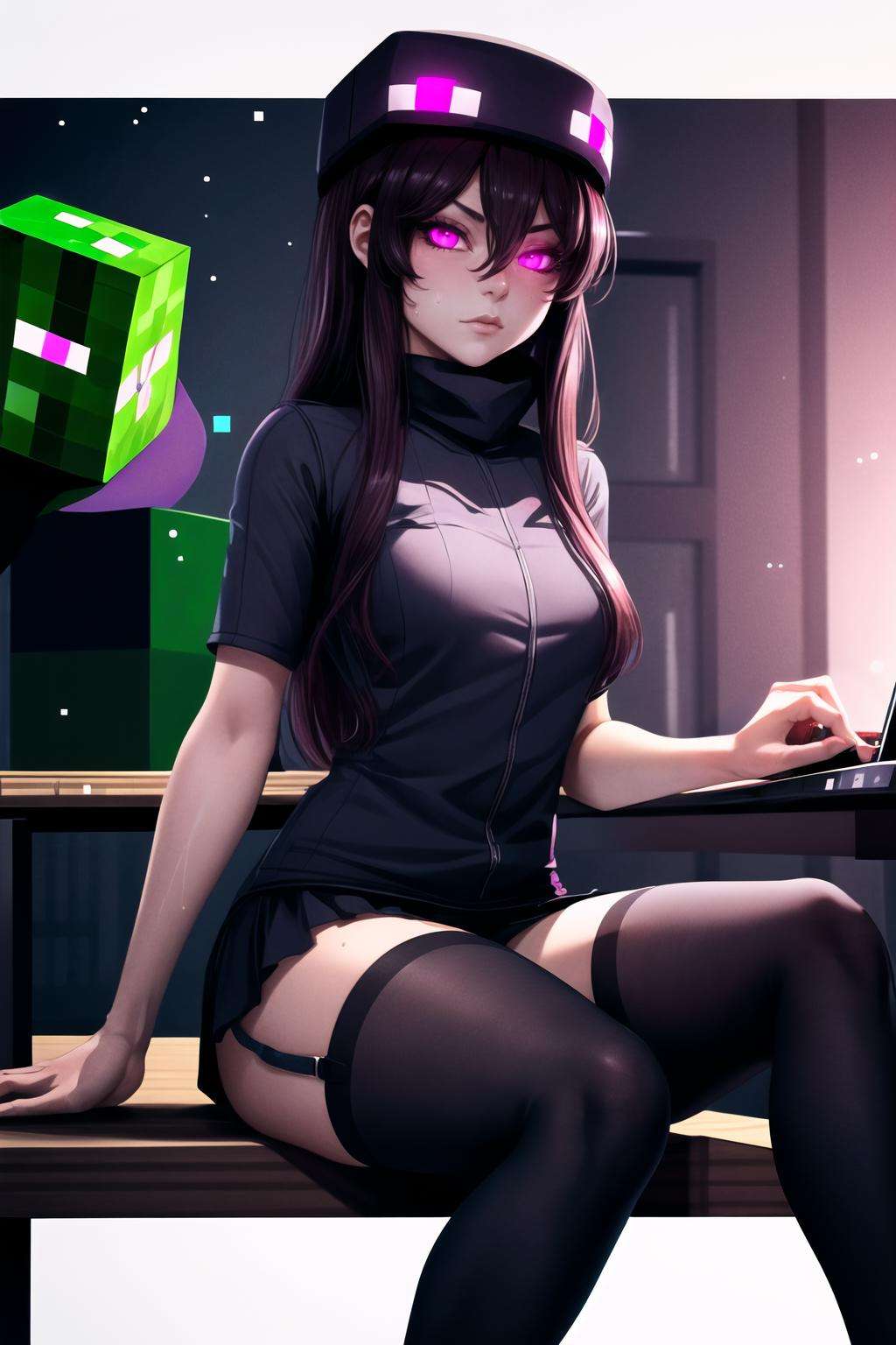 Highly detailed, High Quality, Masterpiece, beautiful, Enderman-chan, <lora:Char_Meme_Endermanchan:1>, 1girl, mature female, skindentations, sitting, shiny skin, sweat, angry, computer, minecraft, glowing, glowing eyes, <lora:Other_MoreDetails:0.5>