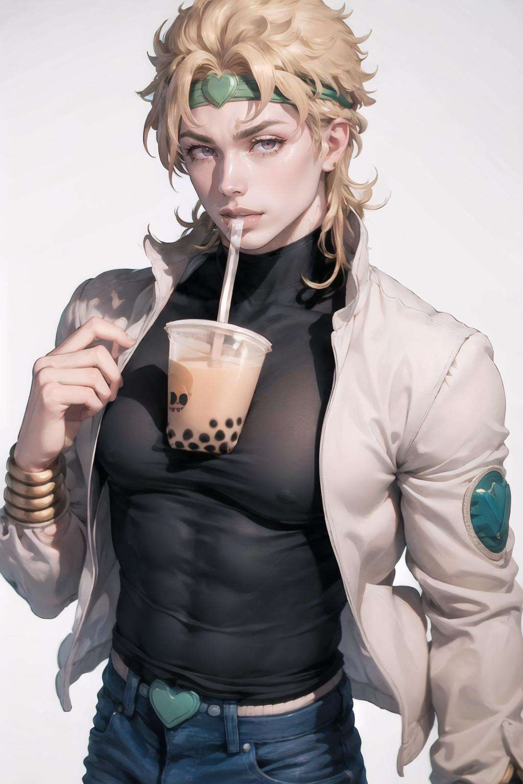 (masterpiece, best quality, solo, intricate details, chromatic aberration), realistic, dio, jacket, pants, headband,  <lora:Char_Sigmas_Dio:0.9>, boobatea, with a cup of bubble tea on his boobs, lips on the straw, drinking through the straw, <lora:Pos_BoobaTea:0.8>, 1boy, 