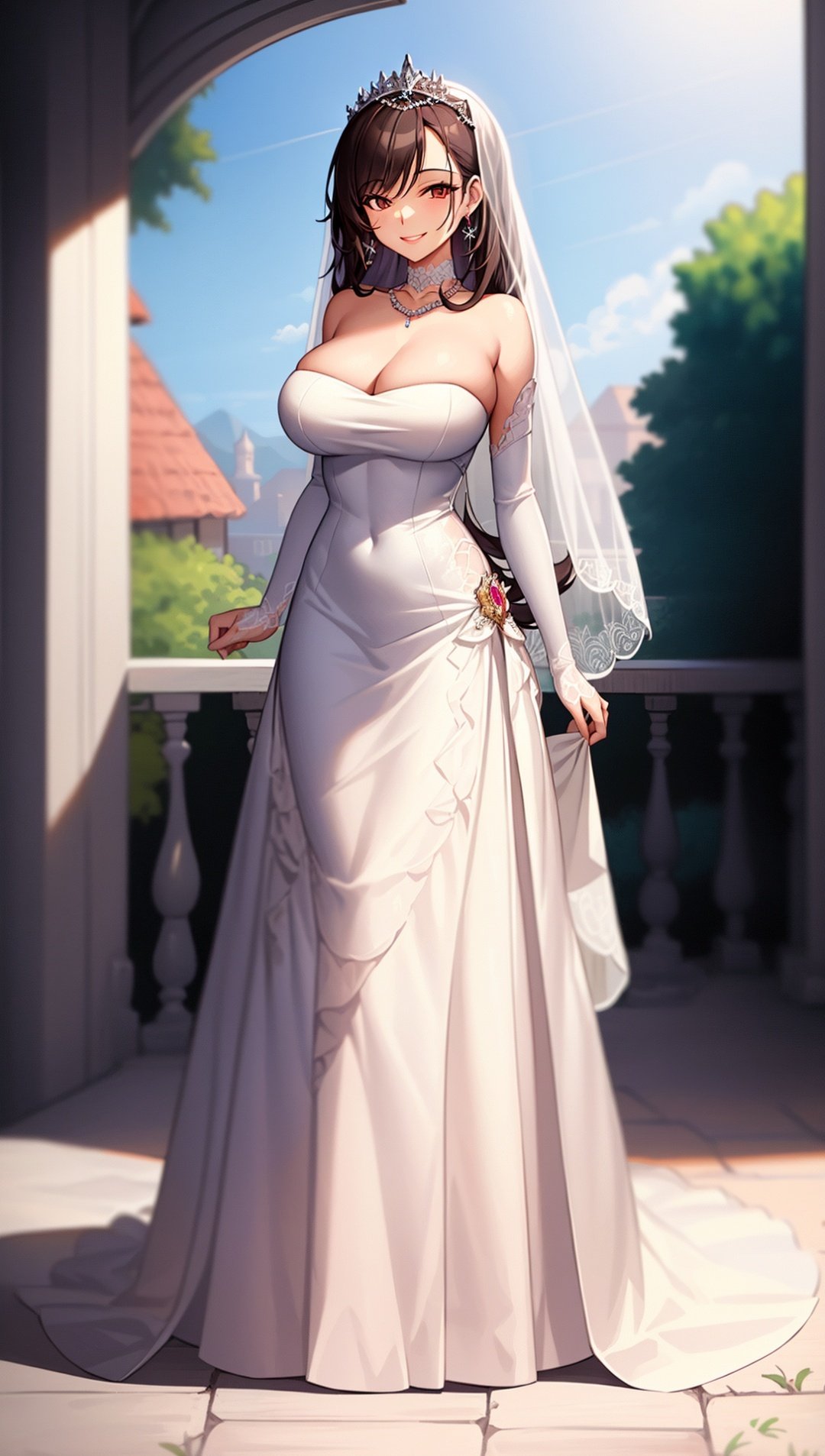 ((((ultra illustrated style:1.0)))),best quality,best animated,masterpiece,ray tracing, global illumination,1girl, breasts, wedding dress, veil, solo, jewelry, cleavage, large breasts, long hair, earrings, smile, necklace, looking at viewer, collarbone, full body, outdoors, standing, <lora:wedding:0.9>