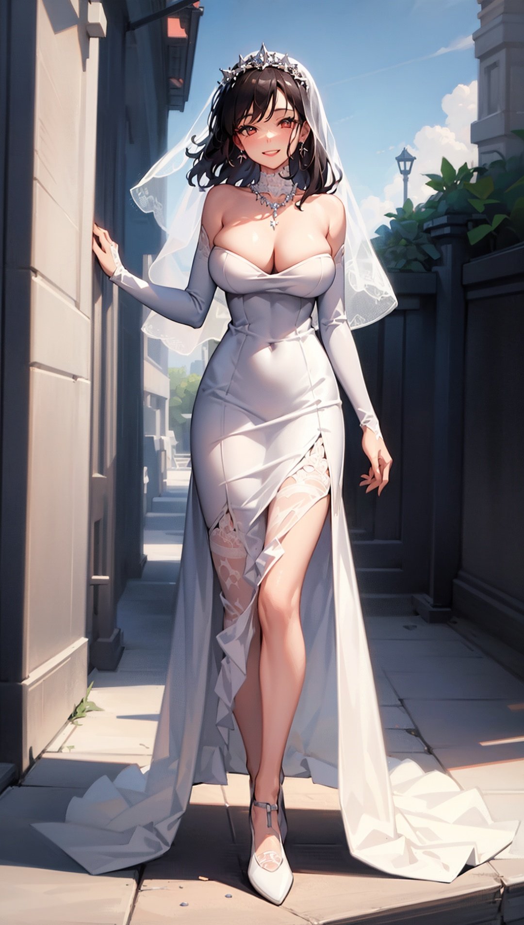 ((((ultra illustrated style:1.0)))),best quality,best animated,masterpiece,ray tracing, global illumination,1girl, breasts, wedding dress, veil, solo, jewelry, cleavage, large breasts, long hair, earrings, smile, necklace, looking at viewer, collarbone, full body, outdoors, standing, <lora:wedding:0.9>