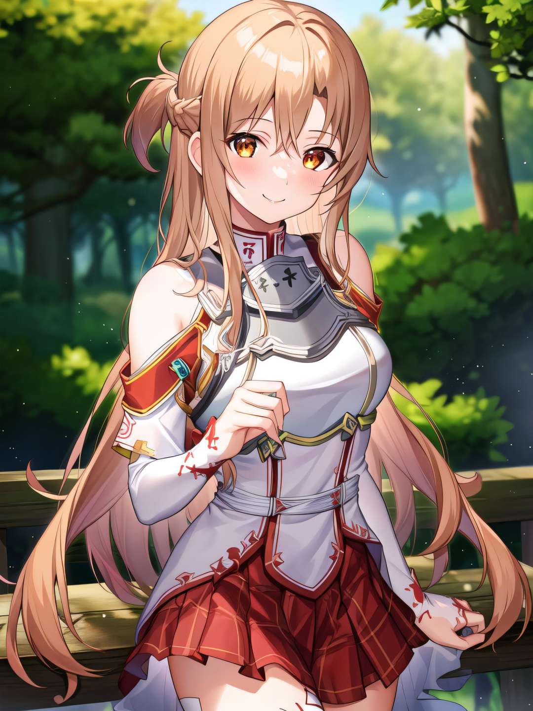 sksasuna, 1girl, smile, forest background, masterpiece, highres, absurdres, best quality, high quality, intricate details, highly detailed, <lora:AsunaStacia:0.85>