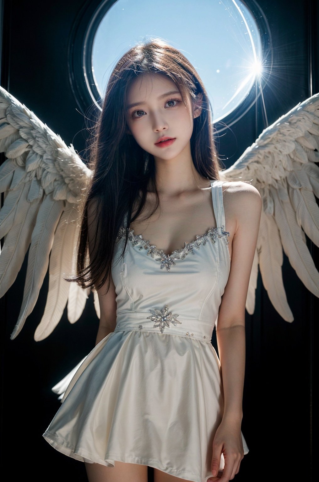 (((masterpiece))), (((best quality))), ((ultra-detailed)), (illustration), (detailed light),((an extremely delicate and beautiful)),(beautiful detailed eyes), (sunlight),(angel),solo,young girls,dynamic angle,floating, bare_shoulders,looking_at_viewer ,wings ,arms_up,halo,Floating white silk,(Holy Light),just like silver stars imploding we absorb the light of day