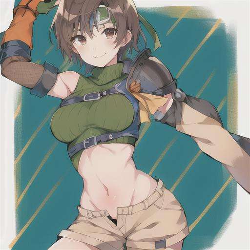 1girl,short hair,headband,navel,sleeveless,turtleneck,brown eyes,sleeveless turtleneck,solo,breasts,looking at viewer,smile,gloves,crop top,brown hair,shorts,midriff,armor,sweater,open fly,fingerless gloves,ribbed sweater,medium breasts,yufi_kisaragi_01 girl,<lora:yufi_kisaragi:1>