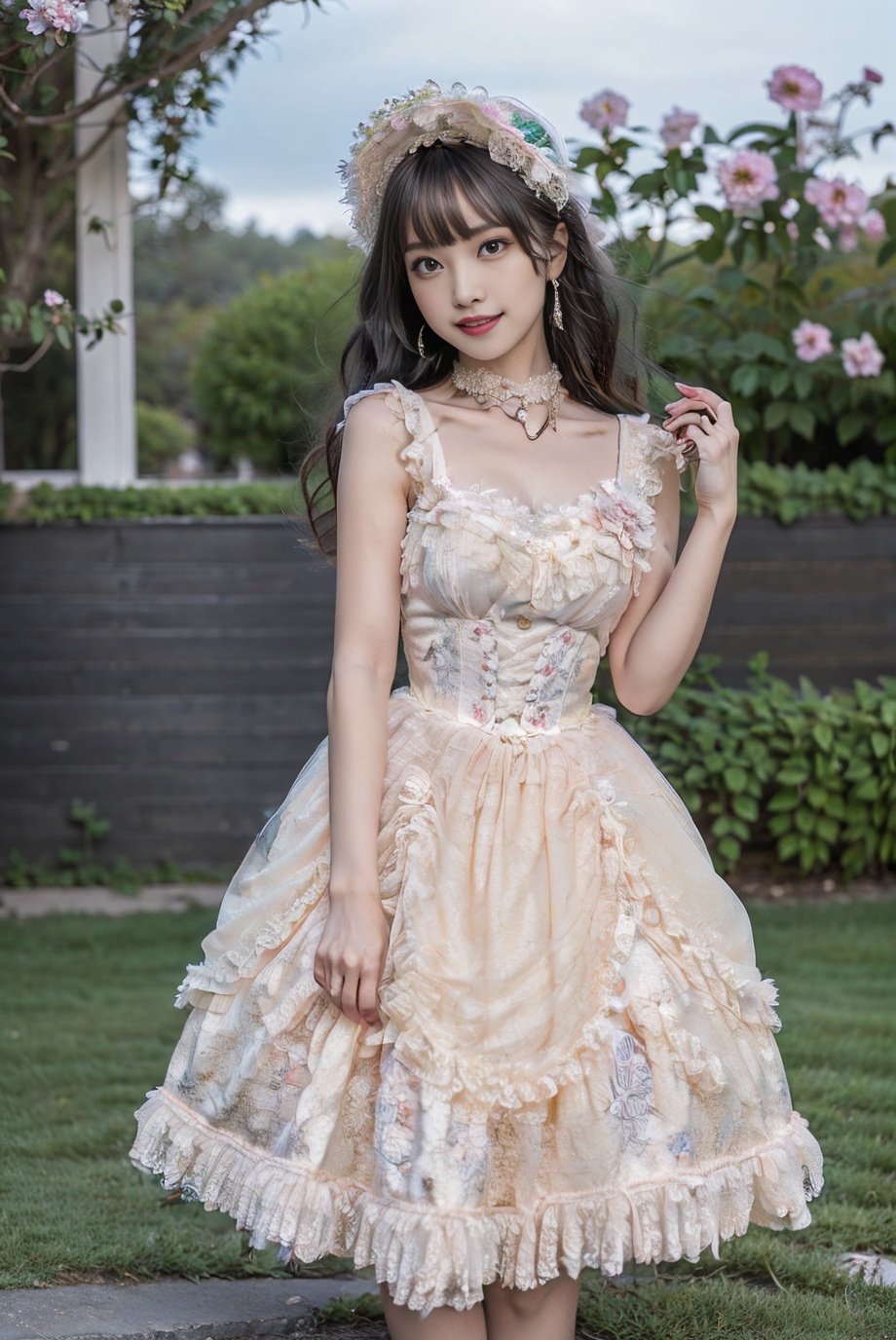 realistic, photorealistic, 8k, ultra detail, HDR, masterpiece, best quality, lo_dress, garden, flower, 1girl, solo, slim, smile, cute, looking at viewer, long black hair, standing,  colorful, detailed background, <lora:Cute Asian Face:0.8>, <lora:lo_dress_floral_style1_v2:0.7>