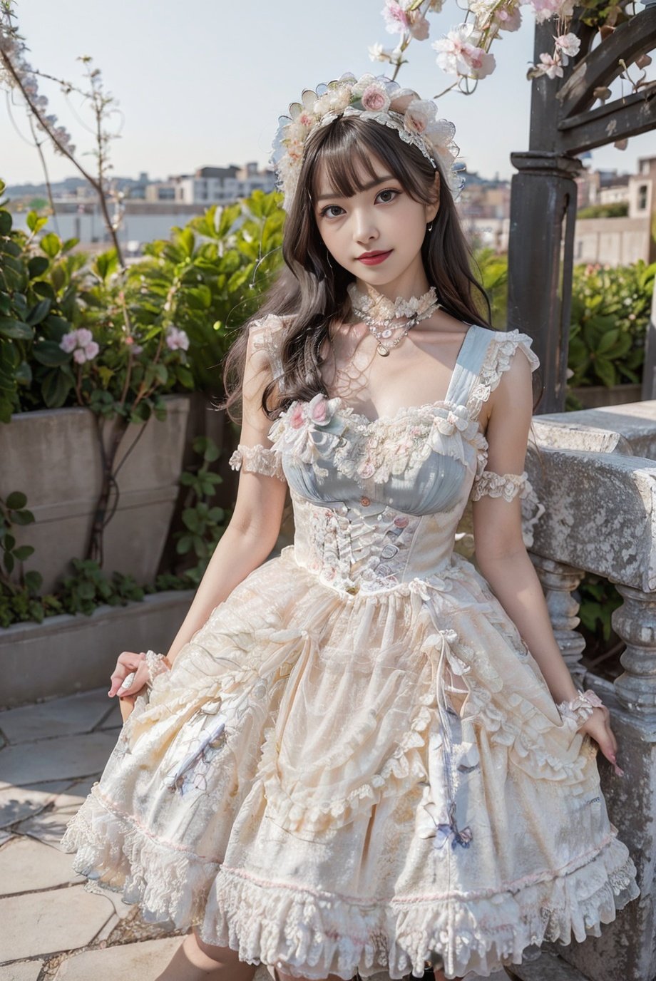 realistic, photorealistic, 8k, ultra detail, HDR, masterpiece, best quality, lo_dress, garden, flower, 1girl, solo, slim, smile, cute, looking at viewer, long black hair, standing,  colorful, detailed background, <lora:Cute Asian Face:0.8>, <lora:lo_dress_floral_style1_v2:0.7>