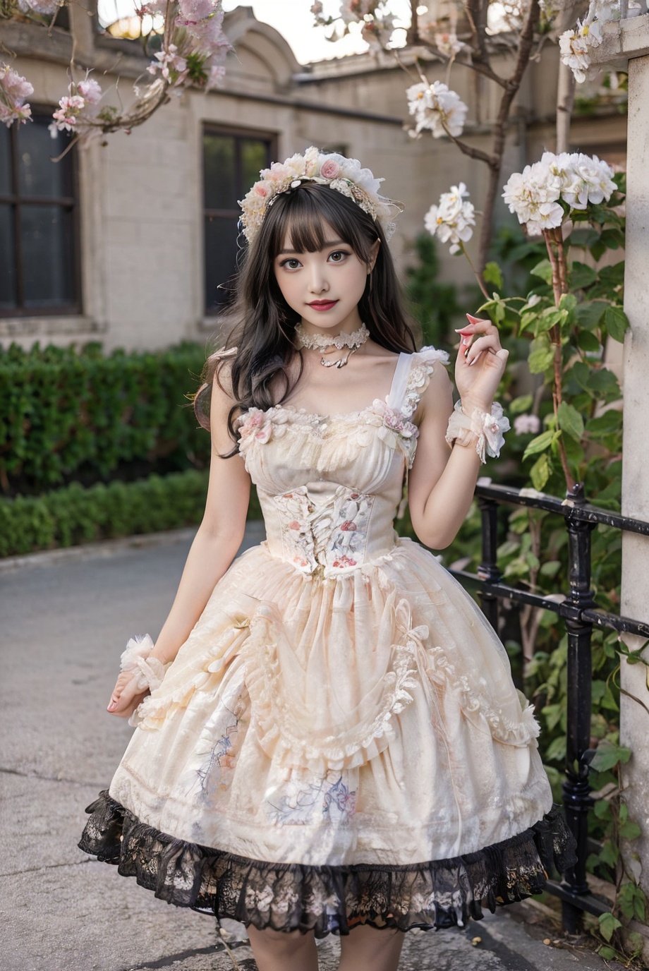 realistic, photorealistic, 8k, ultra detail, HDR, masterpiece, best quality, lo_dress, garden, flower, 1girl, solo, slim, smile, cute, looking at viewer, long black hair, standing,  colorful, detailed background, <lora:Cute Asian Face:0.8>, <lora:lo_dress_floral_style1_v2:0.7>