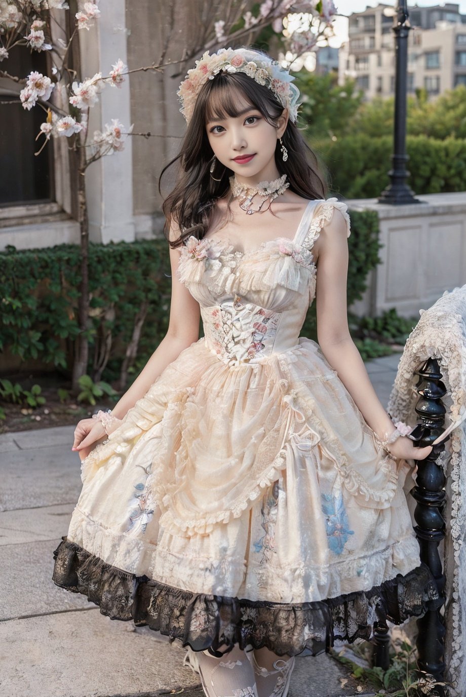 realistic, photorealistic, 8k, ultra detail, HDR, masterpiece, best quality, lo_dress, garden, flower, 1girl, solo, slim, smile, cute, looking at viewer, long black hair, standing,  colorful, detailed background, <lora:Cute Asian Face:0.8>, <lora:lo_dress_floral_style1_v2:0.7>