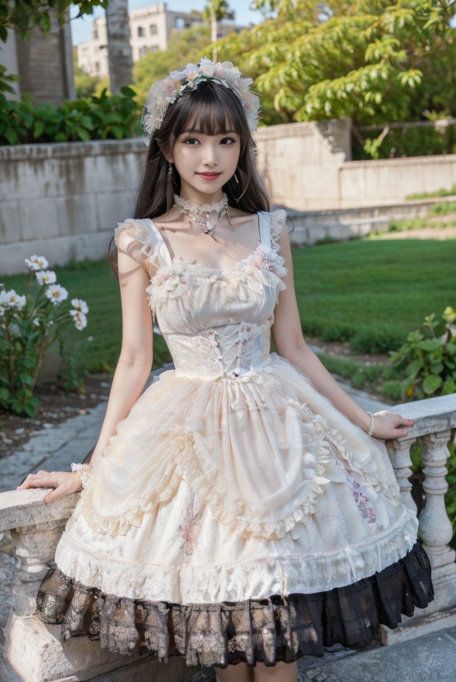 realistic, photorealistic, 8k, ultra detail, HDR, masterpiece, best quality, lo_dress, garden, flower, 1girl, solo, slim, smile, cute, looking at viewer, long black hair, standing,  colorful, detailed background, <lora:Cute Asian Face:0.8>, <lora:lo_dress_floral_style1_v2:0.7>