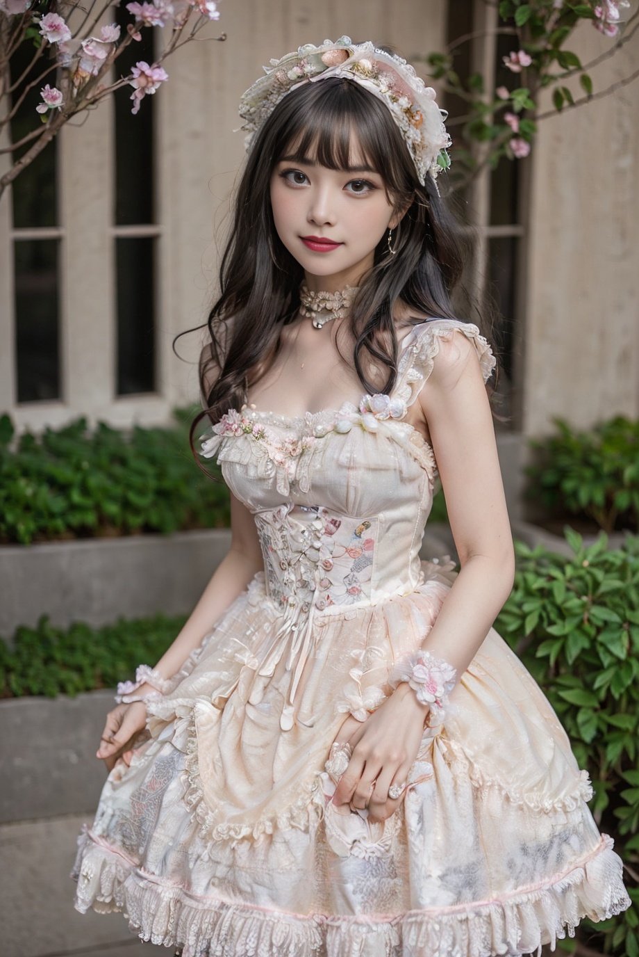 realistic, photorealistic, 8k, ultra detail, HDR, masterpiece, best quality, lo_dress, garden, flower, 1girl, solo, slim, smile, cute, looking at viewer, long black hair, standing,  colorful, detailed background, <lora:Cute Asian Face:0.8>, <lora:lo_dress_floral_style1_v2:0.7>