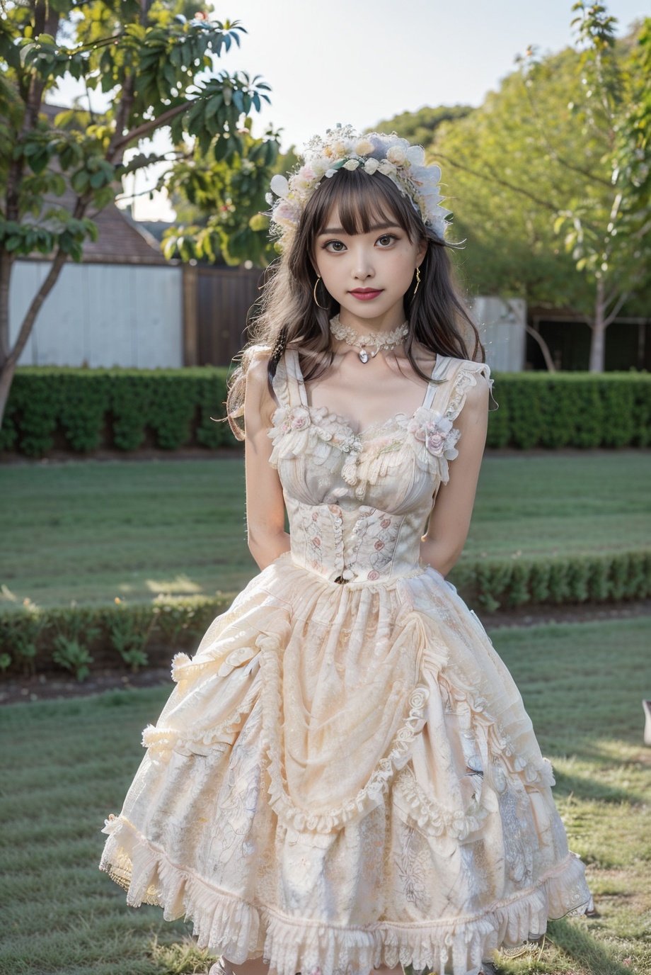 realistic, photorealistic, 8k, ultra detail, HDR, masterpiece, best quality, lo_dress, garden, flower, 1girl, solo, slim, smile, cowboy shot, cute, looking at viewer, long black hair, standing,  colorful, detailed background, arms behind back, <lora:Cute Asian Face:0.8>, <lora:lo_dress_floral_style1_v2:0.7>