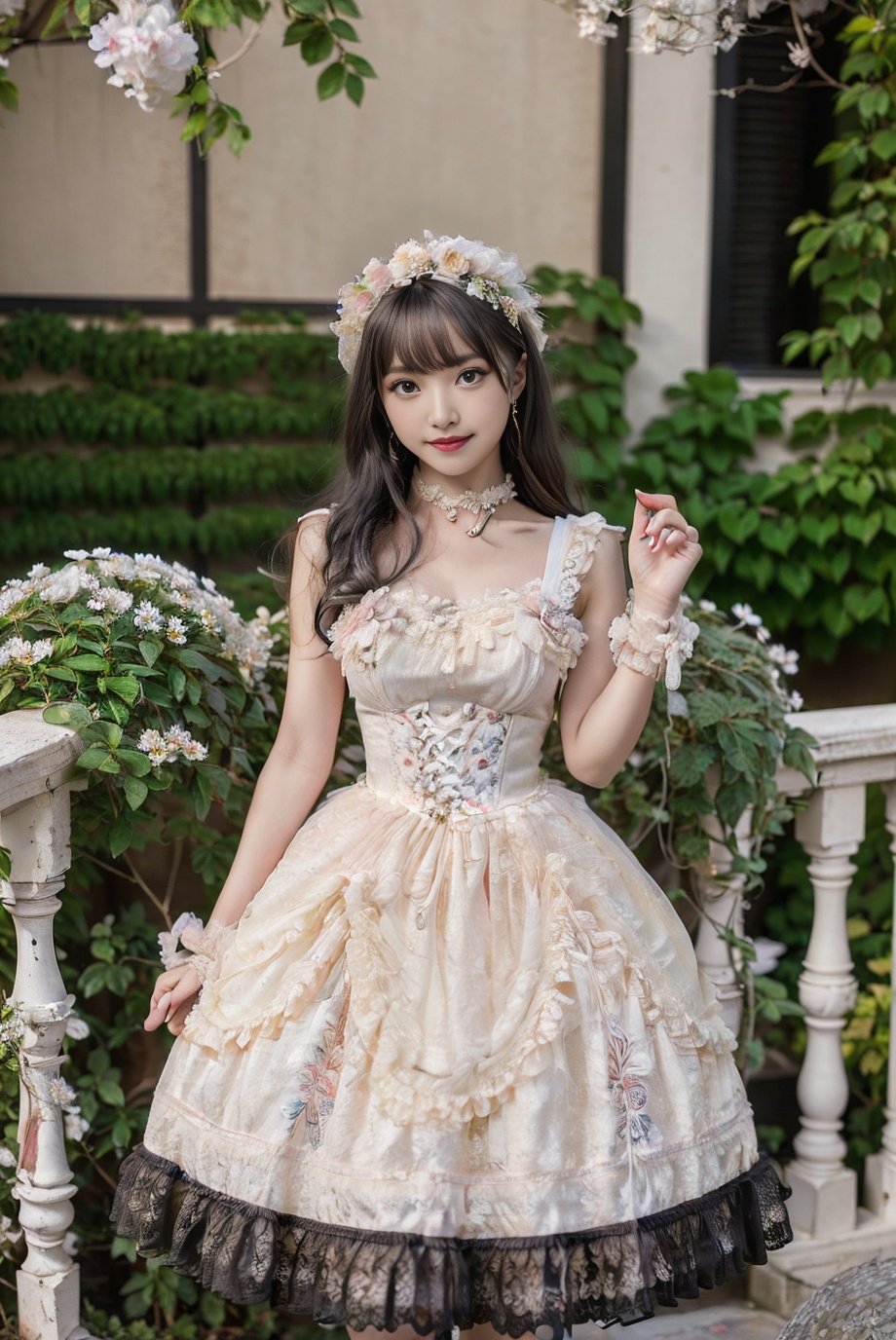 realistic, photorealistic, 8k, ultra detail, HDR, masterpiece, best quality, lo_dress, garden, flower, 1girl, solo, slim, smile, cute, looking at viewer, long black hair, standing,  colorful, detailed background, <lora:Cute Asian Face:0.8>, <lora:lo_dress_floral_style1_v2:0.7>