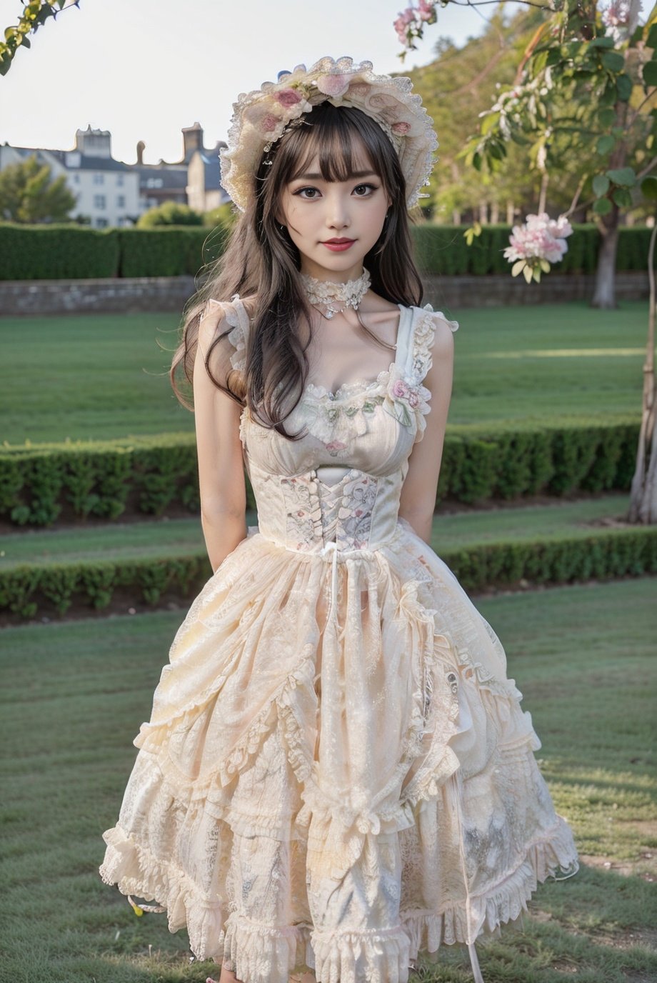 realistic, photorealistic, 8k, ultra detail, HDR, masterpiece, best quality, lo_dress, garden, flower, 1girl, solo, slim, smile, cowboy shot, cute, looking at viewer, long black hair, standing,  colorful, detailed background, arms behind back, <lora:Cute Asian Face:0.8>, <lora:lo_dress_floral_style1_v2:0.7>