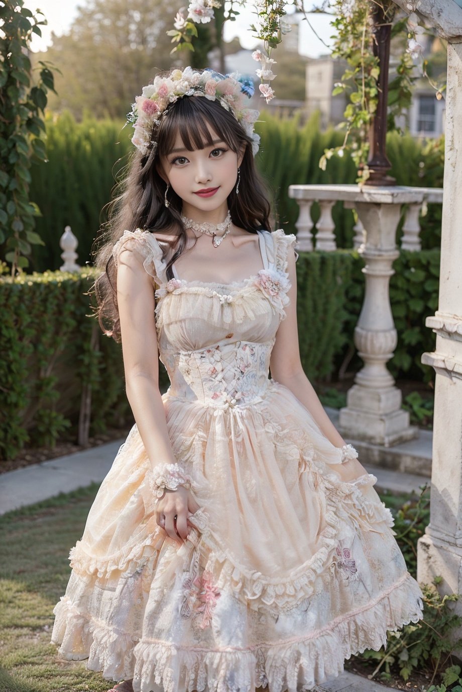 realistic, photorealistic, 8k, ultra detail, HDR, masterpiece, best quality, lo_dress, garden, flower, 1girl, solo, slim, smile, cute, looking at viewer, long black hair, standing,  colorful, detailed background, <lora:Cute Asian Face:0.8>, <lora:lo_dress_floral_style1_v2:0.7>