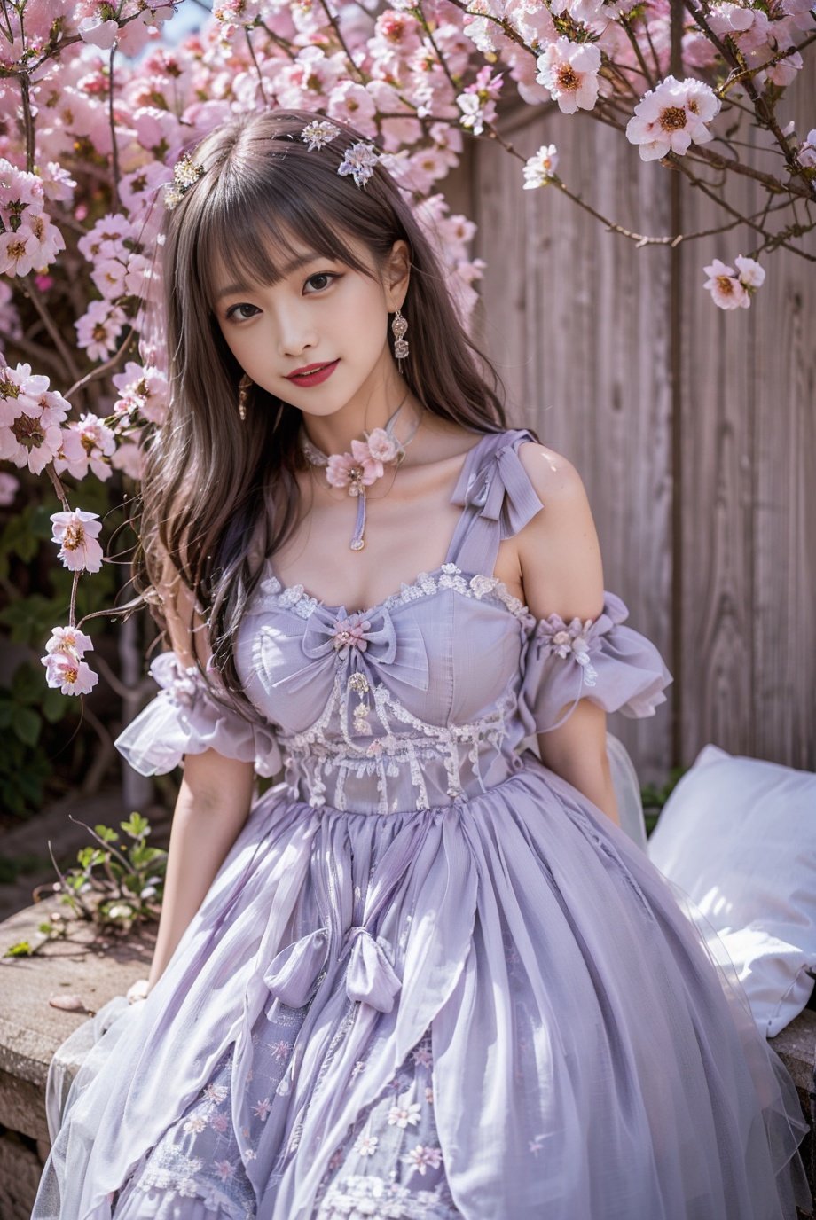 realistic, photorealistic, 8k, ultra detail, HDR, masterpiece, best quality, lo_dress, purple dress, garden, flower, 1girl, solo, slim, smile, cute, looking at viewer, long black hair, sitting,  colorful, detailed background,  arms behind back, <lora:Cute Asian Face:0.8>, <lora:lo_dress_floral_style2_v2:0.7>