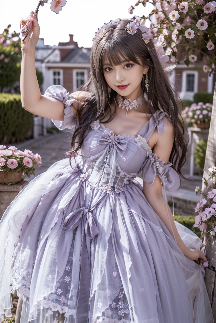 realistic, photorealistic, 8k, ultra detail, HDR, masterpiece, best quality, lo_dress, purple dress, garden, flower, 1girl, solo, slim, smile, cute, looking at viewer, long black hair, standing,  colorful, detailed background, <lora:Cute Asian Face:0.8>, <lora:lo_dress_floral_style2_v2:0.7>