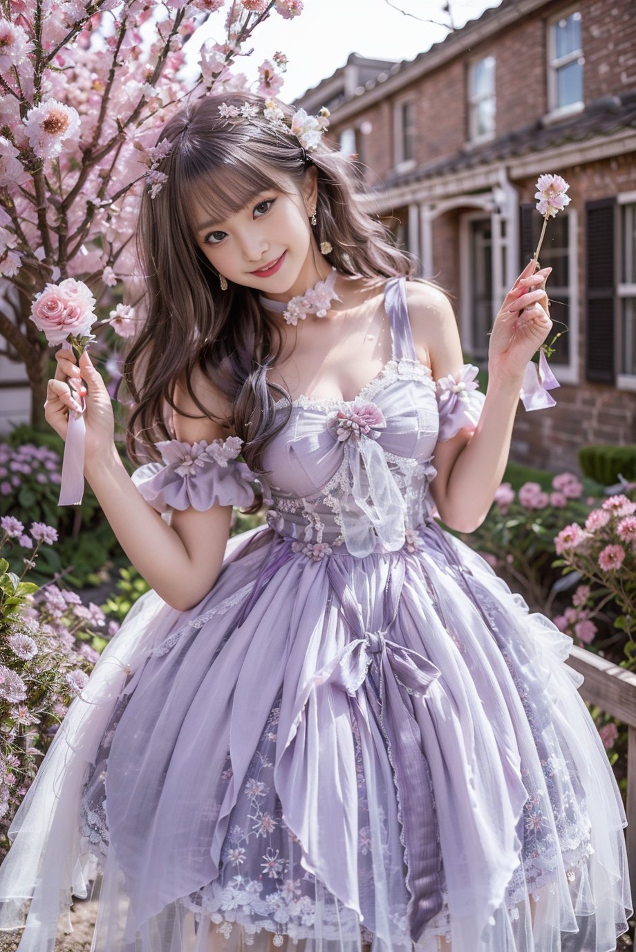 realistic, photorealistic, 8k, ultra detail, HDR, masterpiece, best quality, lo_dress, purple dress, garden, flower, 1girl, solo, slim, smile, cute, looking at viewer, long black hair, standing,  colorful, detailed background, <lora:Cute Asian Face:0.8>, <lora:lo_dress_floral_style2_v2:0.7>