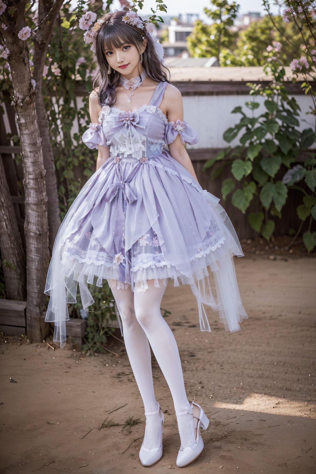 realistic, photorealistic, 8k, ultra detail, HDR, masterpiece, best quality, lo_dress, purple  dress, 1girl, solo, slim, smile, cute, looking at viewer, long black hair, full body, white pantyhose, standing, natural lighting, garden, flower, depth of field, colorful, detailed background, arms behind back, <lora:Cute Asian Face:0.8>, <lora:lolita_dress_floral_style2_v2:0.7>