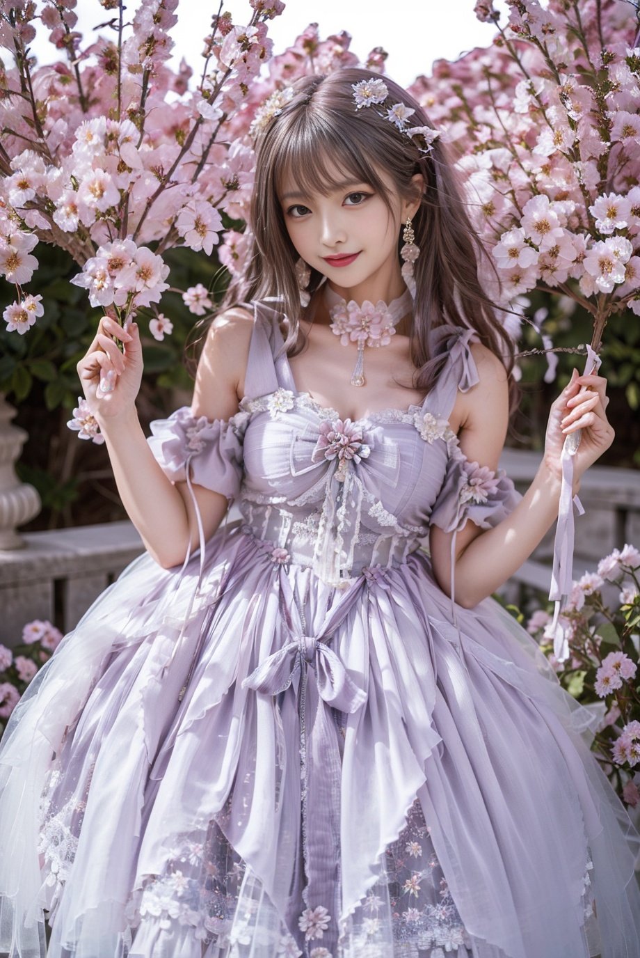 realistic, photorealistic, 8k, ultra detail, HDR, masterpiece, best quality, lo_dress, purple dress, garden, flower, 1girl, solo, slim, smile, cute, looking at viewer, long black hair, standing,  colorful, detailed background, <lora:Cute Asian Face:0.8>, <lora:lo_dress_floral_style2_v2:0.7>