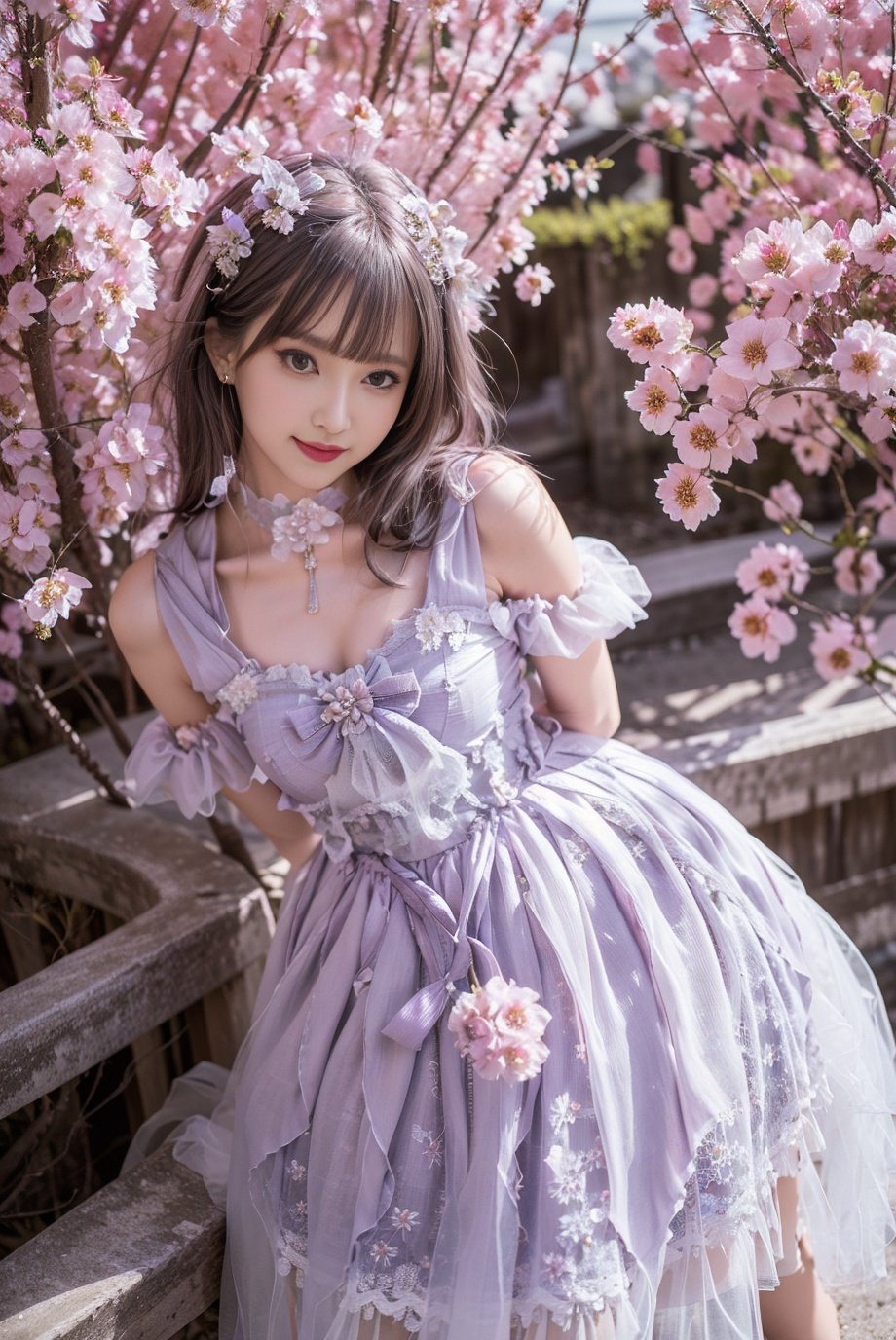 realistic, photorealistic, 8k, ultra detail, HDR, masterpiece, best quality, lo_dress, purple dress, garden, flower, 1girl, solo, slim, smile, cute, looking at viewer, long black hair, sitting,  colorful, detailed background,  arms behind back, <lora:Cute Asian Face:0.8>, <lora:lo_dress_floral_style2_v2:0.7>