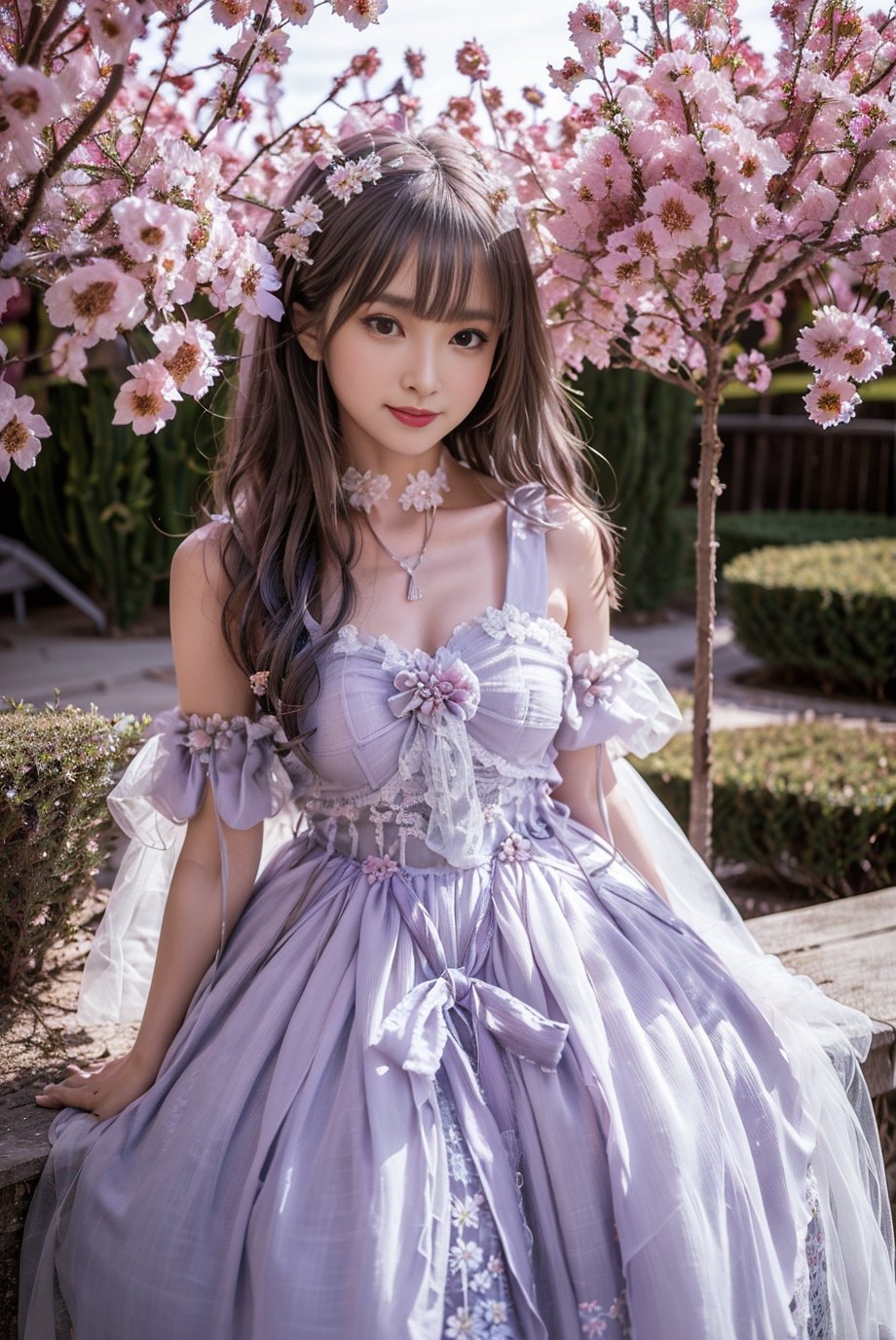 realistic, photorealistic, 8k, ultra detail, HDR, masterpiece, best quality, lo_dress, purple dress, garden, flower, 1girl, solo, slim, smile, cute, looking at viewer, long black hair, sitting,  colorful, detailed background,  arms behind back, <lora:Cute Asian Face:0.8>, <lora:lo_dress_floral_style2_v2:0.7>