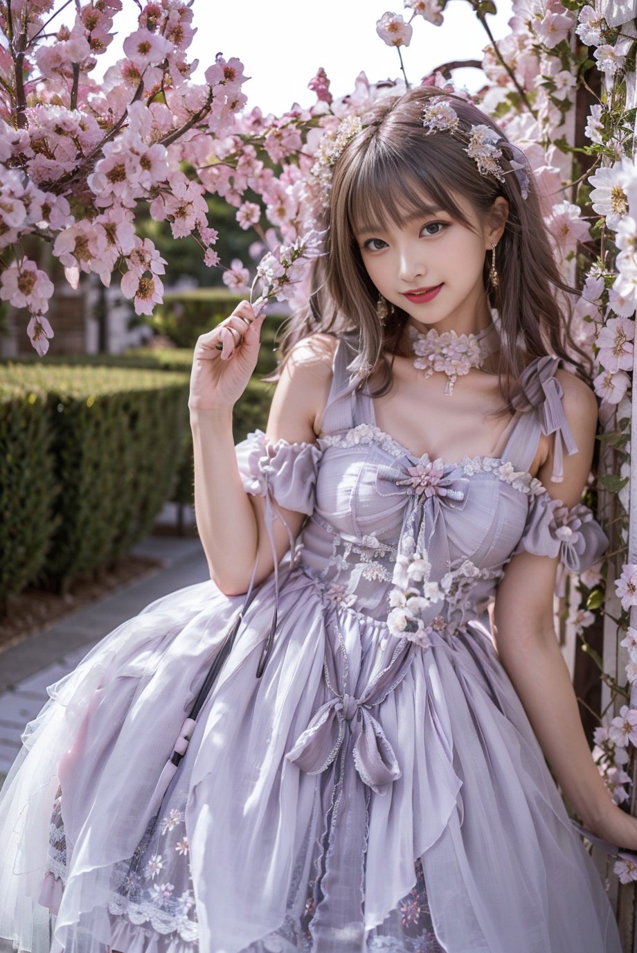 realistic, photorealistic, 8k, ultra detail, HDR, masterpiece, best quality, lo_dress, purple dress, garden, flower, 1girl, solo, slim, smile, cute, looking at viewer, long black hair, standing,  colorful, detailed background, <lora:Cute Asian Face:0.8>, <lora:lo_dress_floral_style2_v2:0.7>