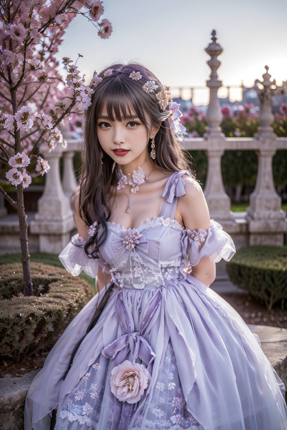 realistic, photorealistic, 8k, ultra detail, HDR, masterpiece, best quality, lo_dress, purple dress, garden, flower, 1girl, solo, slim, smile, cute, looking at viewer, long black hair, sitting,  colorful, detailed background,  arms behind back, <lora:Cute Asian Face:0.8>, <lora:lo_dress_floral_style2_v2:0.7>