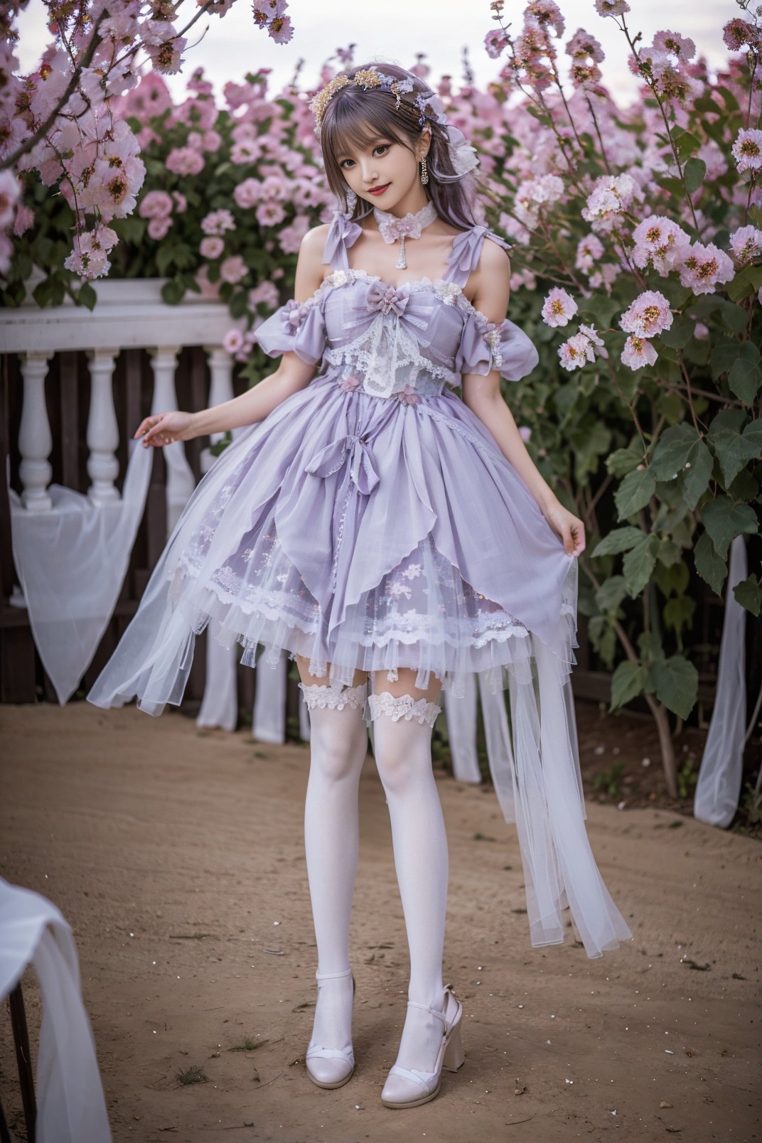 realistic, photorealistic, 8k, ultra detail, HDR, masterpiece, best quality, lo_dress, purple  dress, 1girl, solo, slim, smile, cute, looking at viewer, long black hair, full body, white pantyhose, standing, natural lighting, garden, flower, depth of field, colorful, detailed background, arms behind back, <lora:Cute Asian Face:0.8>, <lora:lolita_dress_floral_style2_v2:0.7>