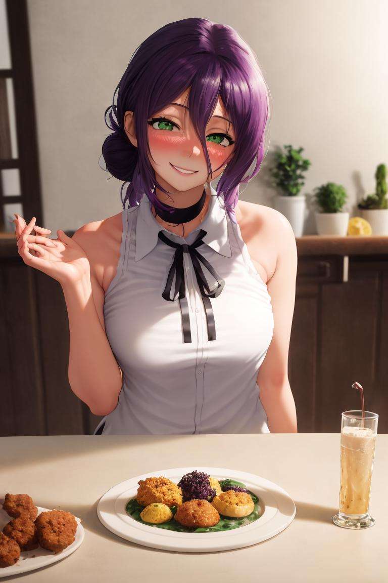 (best quality), 8k,(super delicate details),(perfect body structure),(amazing picture quality),Looking into the camera,Sitting, head tilted,/ = / = / = / =1girl smile, blush,Green eyes, purple hair/ = / = / = / =The dining room, the table, the food on the tableBackground blur, defocus, character focus,