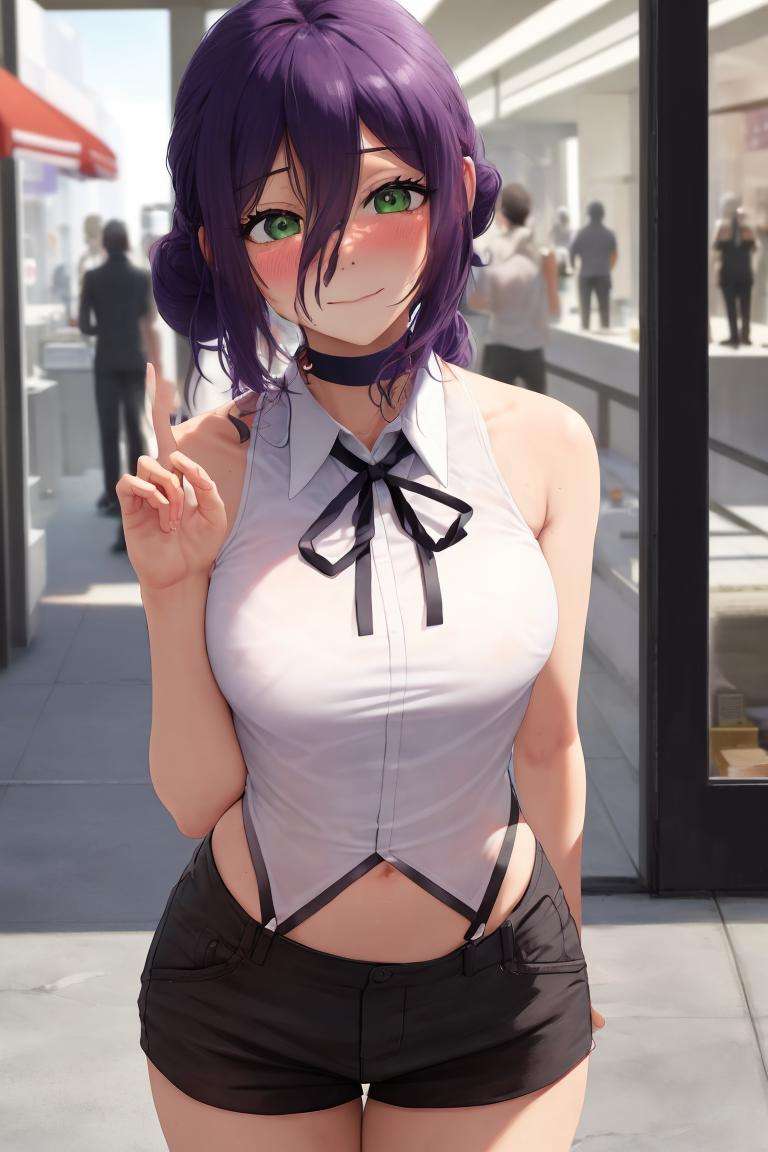 (best quality), 8k,(super fine detail),(perfect body structure),(amazing picture quality), (correct light and shadow), light tracingLooking into the camera,Standing, head tilted,/ = / = / = / =1girld, nervous, blushing, shy, closed mouthGreen eyes, purple hair/ = / = / = / =Clothing stores, shopping malls,Background blur, defocus, character focus,