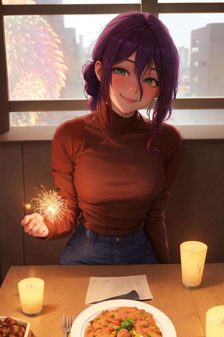 (best quality), 8k,(super fine detail),(perfect body structure),(amazing picture quality), (correct light and shadow), light tracingLooking into the camera,(side shot), side shotSitting, sitting across the table, holding the menu, cocking his head/ = / = / = / =1girl, smile, very red faceGreen eyes, purple hair, medium breasts,/ = / = / = / =(brown long-sleeved sweater), jeansDining room, table, good food on the table, hot food, indoor, seating(night)Background blur, defocus, character focus,The window, the fireworks outside the window