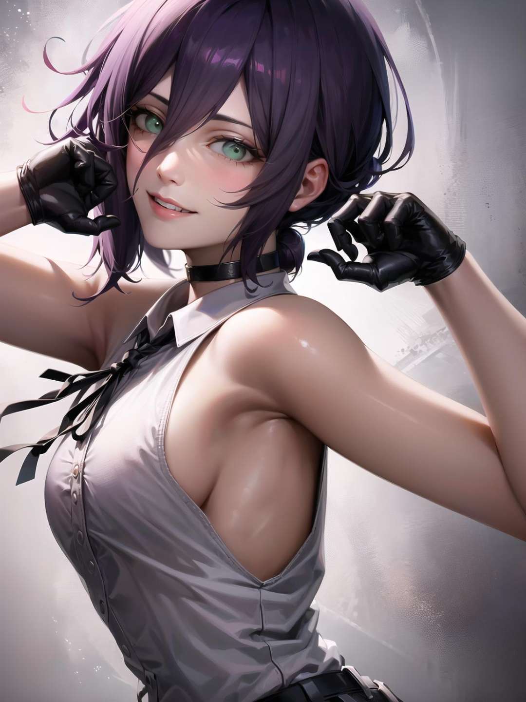 1girl, portrait of beautiful RezeCSM, solo, looking_at_viewer, smile, shirt, white_shirt, breasts, collared_shirt, hair_bun, upper_body, sleeveless, black_ribbon, ribbon, sleeveless_shirt, bare_shoulders, single_hair_bun, medium_breasts, purple_hair, black_gloves, gloves, sideboob,  volumetric lighting, best quality, masterpiece, intricate details, tonemapping, sharp focus, hyper detailed, trending on Artstation, <lora:RezeCSM:1>