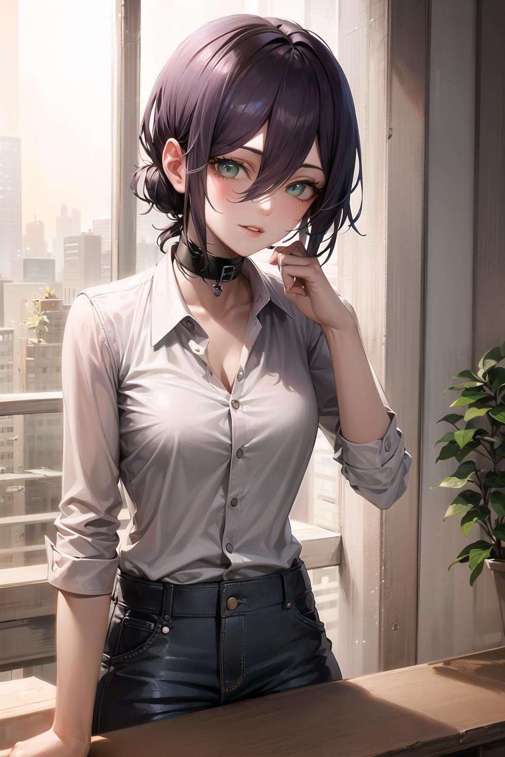 1girl, cowboy shot, beautiful RezeCSM, solo, looking_at_viewer, shirt, white_shirt, collared_shirt, short_hair, bangs, parted_lips, eyes_visible_through_hair, volumetric lighting, best quality, masterpiece, intricate details, tonemapping, sharp focus, hyper detailed, trending on Artstation, <lora:RezeCSM:1>