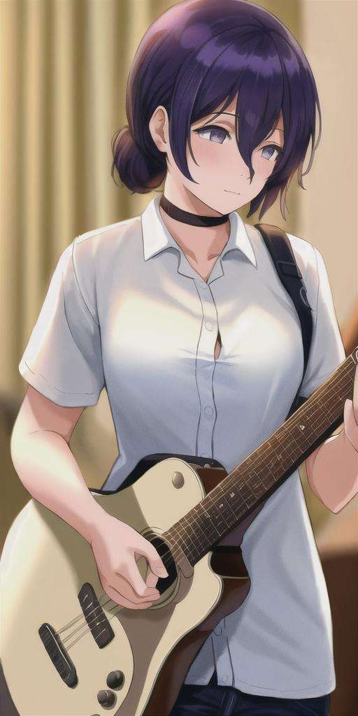 a girl playing guitar,detail,masterpiece,best quality,wallpaper,HDR,high quality,high-definition <lora:Reze_v2-000090:1>