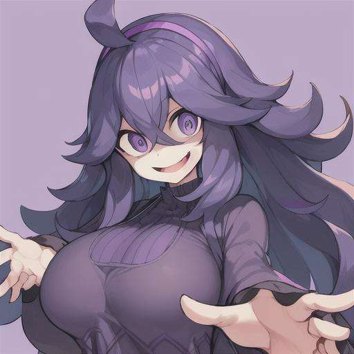 occult,long hair,ahoge,hairband,@ @,1girl,purple hairband,dress,messy hair,smile,breasts,hair between eyes,looking at viewer,solo,bangs,purple hair,alternate breast size,open mouth,purple eyes,simple background,long sleeves,occult　mania girl,<lora:occult　mania01:1> 